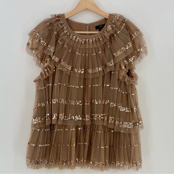 J.Crew Collection Sequin Tiered Tulle Blouse Gold Brown Size Medium - Picture 1 of 11